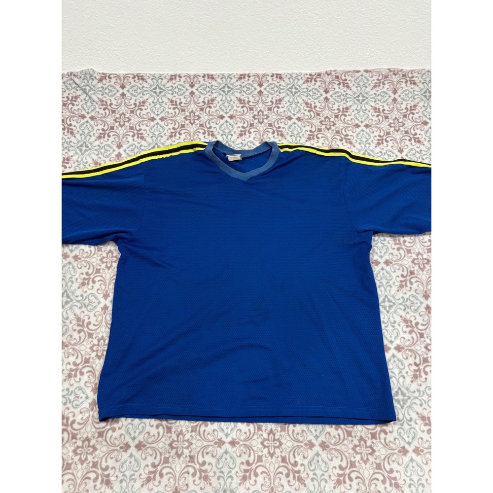 Jerzees Mens Blue Mesh Athletic Jersey Yellow Racing Stripe V-Neck M70148 XL